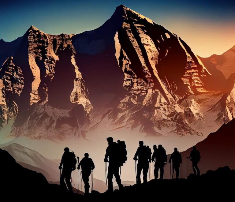 silhouette-men-hiking-mountain-peak-sunset-generative-ai_188544-12480